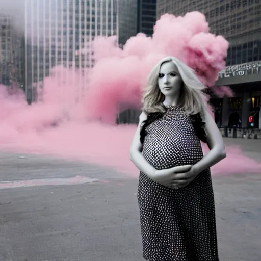 Prompt: a beautiful blonde pregnant woman, in front of the collapsing world trade center on 9 / 1 1 with pink smoke, 1 2 0 mm, clear details, award winning