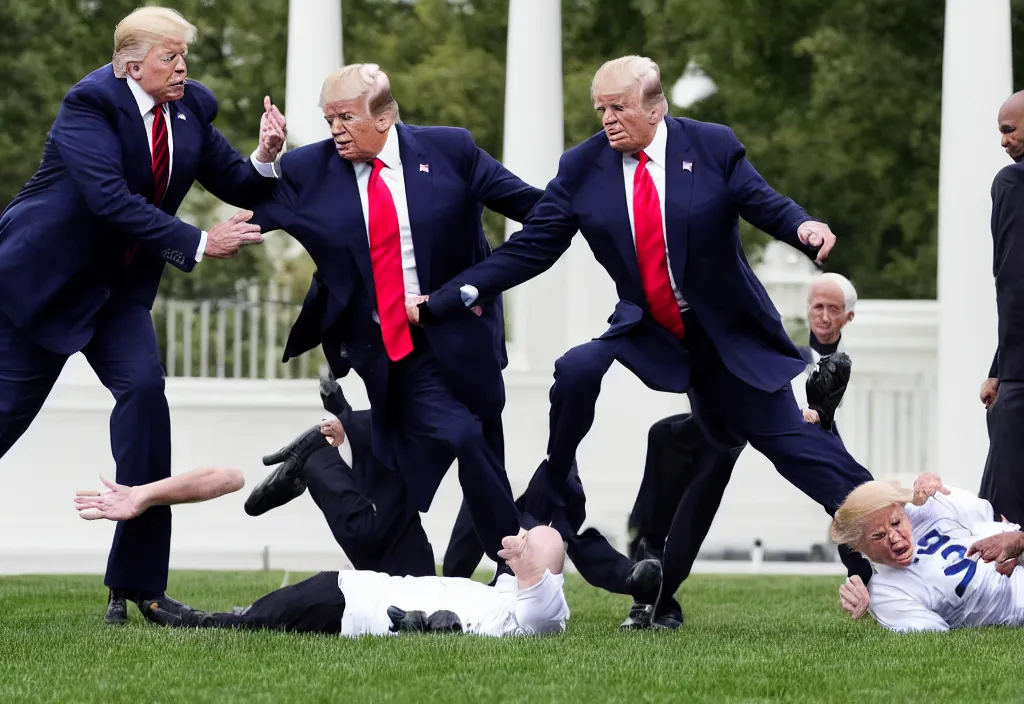 Image similar to joe biden gets tackled by donald trump in front of the white house on the lawn