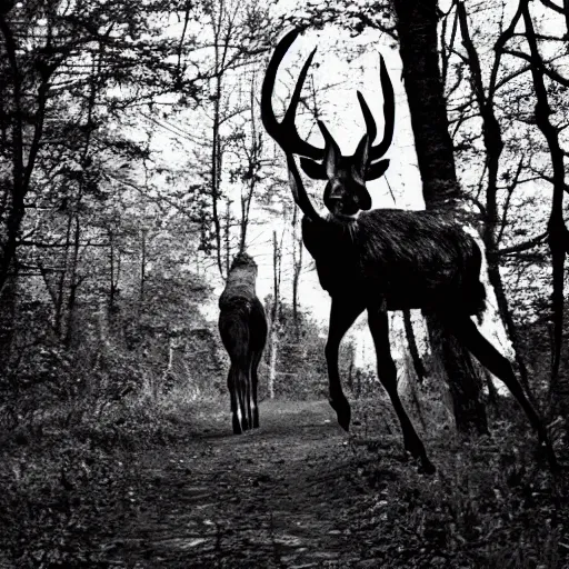 Image similar to alien riding on the back of a deer, grainy trail cam, black and white