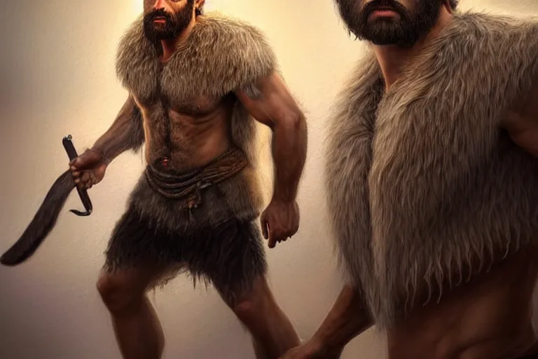 Prompt: painterly full body portrait of a gruff biblical ranger with a wolf, lean and toned, handsome face, hairy chest and hairy body, D&D, intricate, elegant, highly detailed, digital painting, artstation, concept art, matte, sharp focus, chiaroscuro, well lit, illustration, art by Artgerm and Greg Rutkowski and Alphonse Mucha