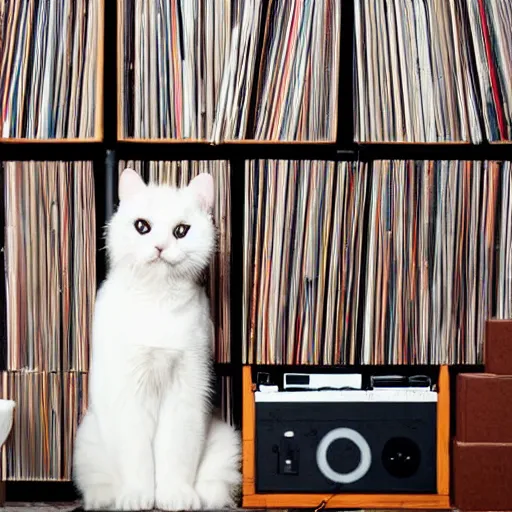 Prompt: a fluffy white cat wearing headphones, listening to recordplayer, surrounded by crates and stacks of vinyl records