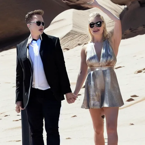 Image similar to elon musk and margot robbie holding hands on mars, highly detailed, hyper realistic