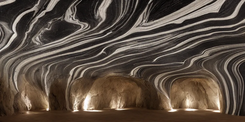 Image similar to a dark cave large and cavernous with some organic cave lights on the ceiling and marbling light streaks