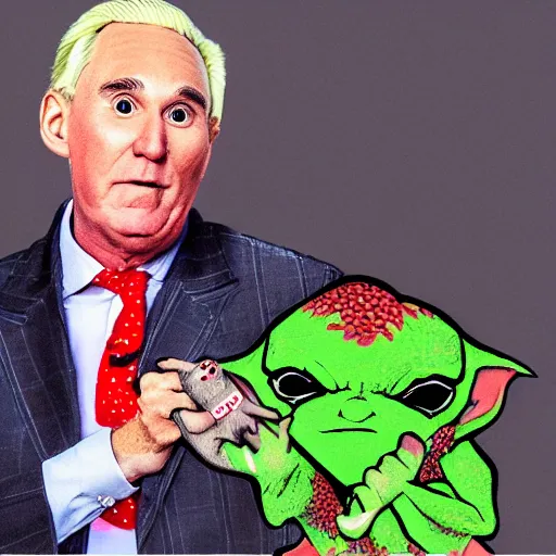 Prompt: an illustration of roger stone as a gremlin