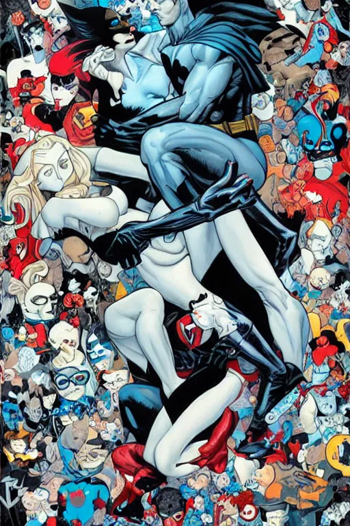 Prompt: a painting by James Jean about Batman and Harley Quinn, cover art, elegant