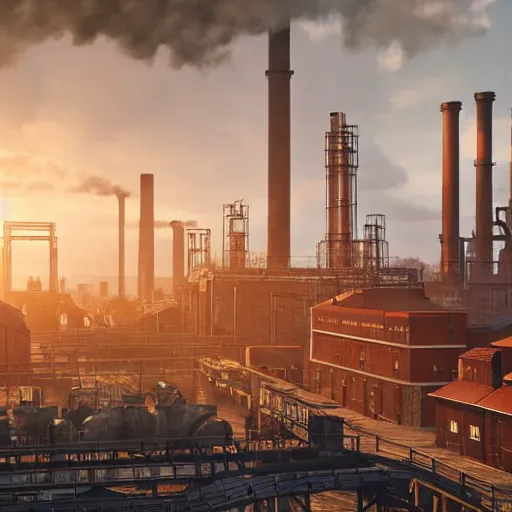 Image similar to factories of the industrial revolution in europe, highly detailed, photorealistic shot, bright studio setting, studio lighting, crisp quality and light reflections, unreal engine 5 quality render