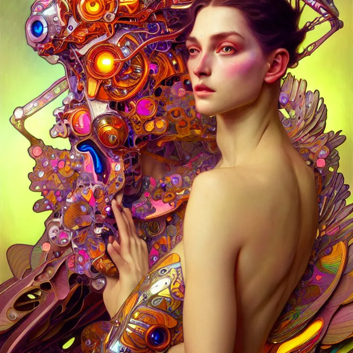 Prompt: bright psychedelic portrait of shiny organic cyborg, wings, diffuse lighting, fantasy, intricate, elegant, highly detailed, lifelike, photorealistic, digital painting, artstation, illustration, concept art, smooth, sharp focus, art by John Collier and Albert Aublet and Krenz Cushart and Artem Demura and Alphonse Mucha