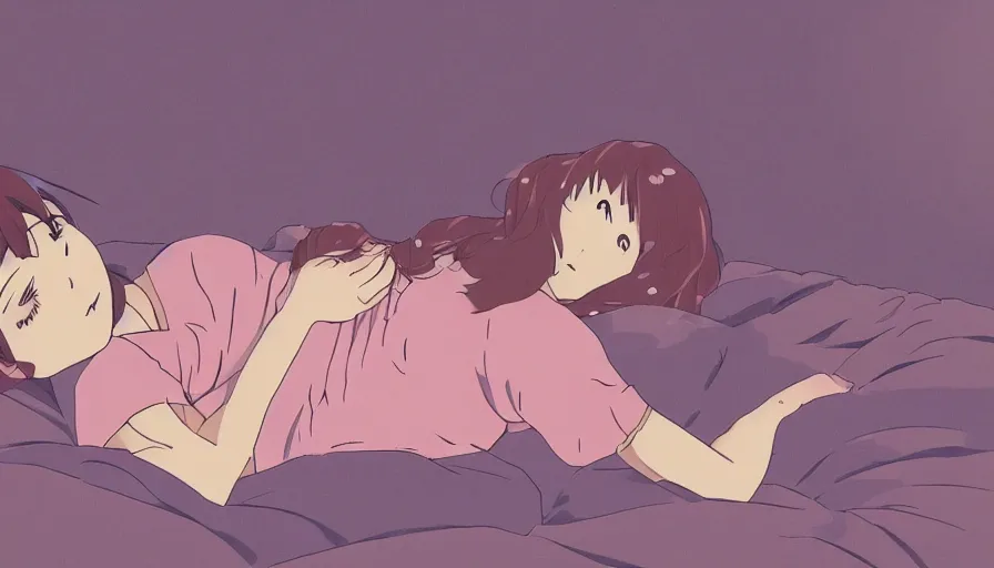 Image similar to girl laying on bed, rainy day, anime, ghibli, 9 0 s, retro style, aesthetic, pastel color