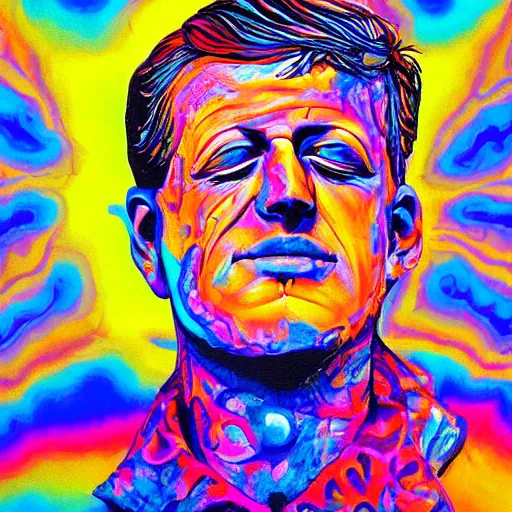 Prompt: psychedelic painting of john kennedy melting in the hot sun