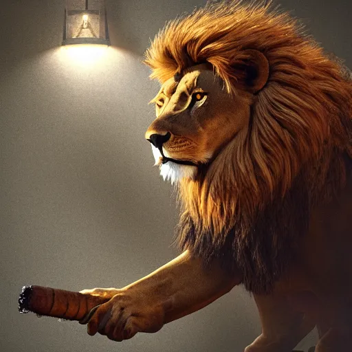 Prompt: a lion smoking a cigar, dramatic lighting, cinematic, establishing shot, extremely high detail, foto realistic, cinematic lighting, post processed, concept art, high details, cinematic, 8k resolution, beautiful detailed, photorealistic, digital painting, artstation, concept art, smooth, sharp focus, artstation trending, octane render, unreal engine