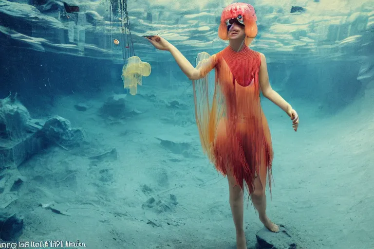 Image similar to high-angle view of a Ukrainian lush female jellyfish human hybrid wearing mayan stone armor and fully transparent amber visor shades with small digital number readout, sitting inside of an underwater 1920s subway station with a submarine trains on the seabed floor, filing cabinets in the sand, ektachrome color photograph, volumetric lighting, off-camera flash, 24mm f8 aperture