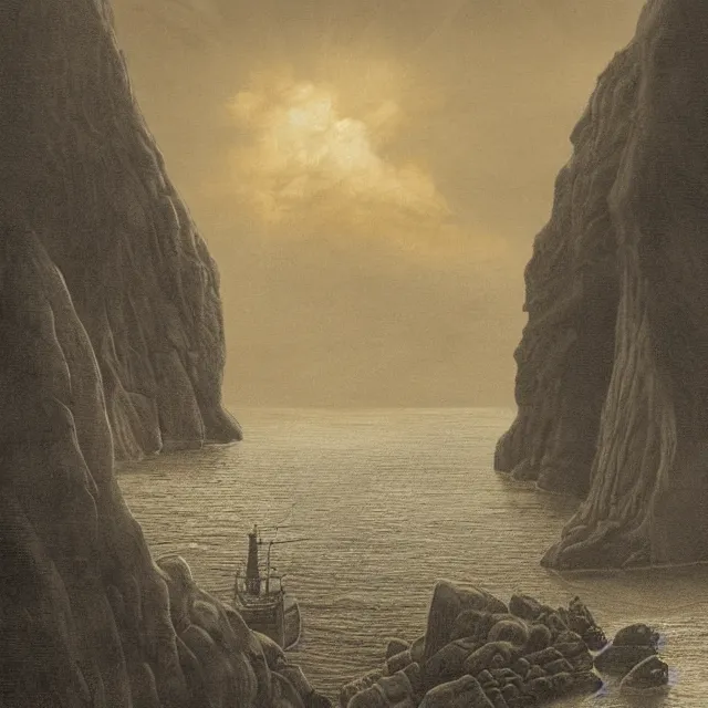 Image similar to photorealistic sepia painting of a 1 9 2 0 s fishing boat sailing in front of a tropical island cliff with the mouth of a grotto at the waterline, dark, brooding, atmospheric, lovecraft, by dave dorman