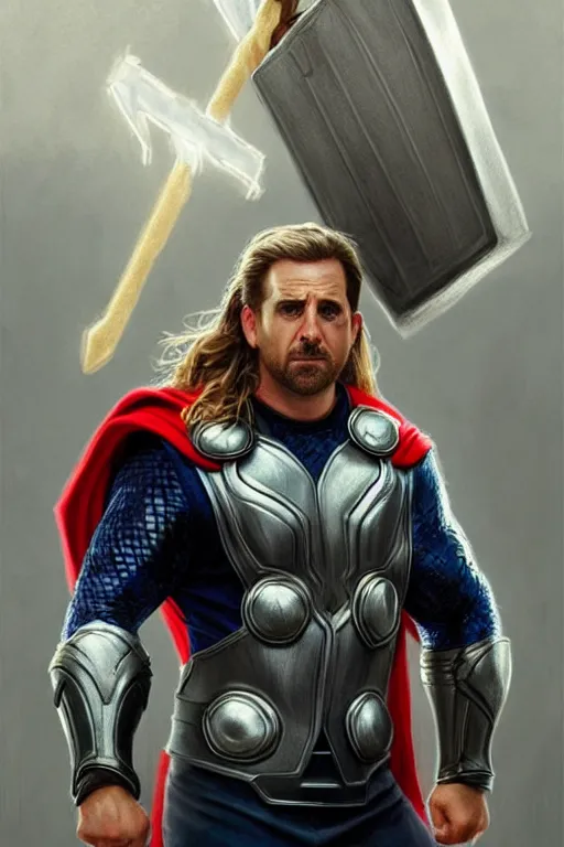 Image similar to Michael Scott as Thor, Thor costume, Michael Scott hairstyle, Thor body type, Michael Scott Face, calm, grumpy, portrait, masculine figure, highly detailed, digital painting, artstation, concept art, smooth, sharp focus, illustration, cinematic lighting, art by artgerm and greg rutkowski and alphonse mucha