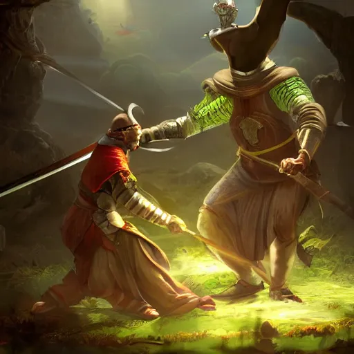 Image similar to Giant monk parakeet fight withs medieval knight with sword. Enchained, restrained. Bloom, volumetric lighting. Fantasy, digital painting, HD, 4k, detailed.