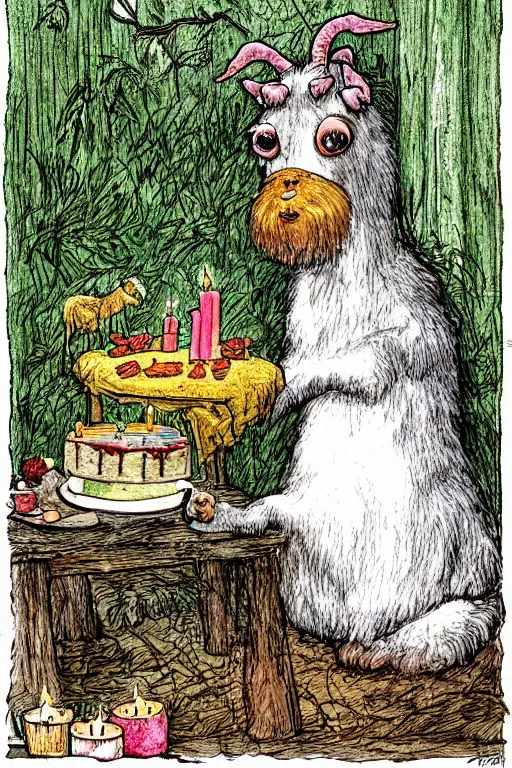 Prompt: an elderly goat with a long white beard, sitting in front of a birthday cake with lit candles, in the style of a children's book illustration, by elsa beskow, cute, highly detailed digital art