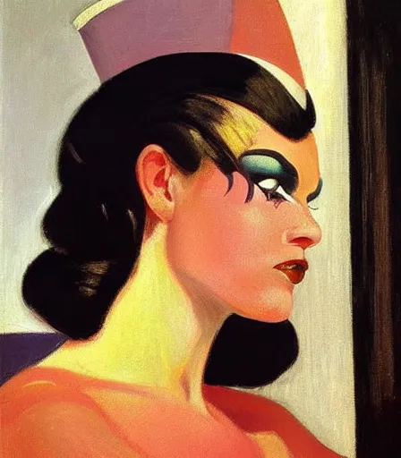 Prompt: a high quality, high detail, portrait of a drag queen by edward hopper, intense look in the eyes, moody, nostalgic