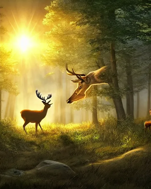 Image similar to a large potato shooting a deer in the woods with sun high above and cloudy, ultra realistic, concept art, intricate details, highly detailed