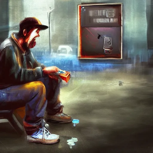 Prompt: homeless man gaming on a PC, expressive oil painting, digital art, matte art, gaming pc