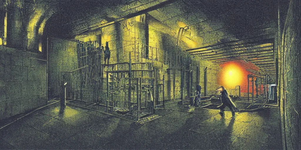 Prompt: Artwork by Tim White of the cinematic view of the Seventh Terrifying Prison.