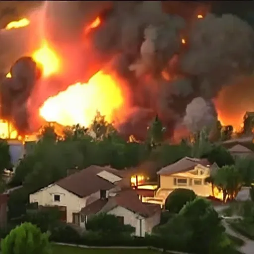 Image similar to huge explosion in a neighborhood helicopter footage