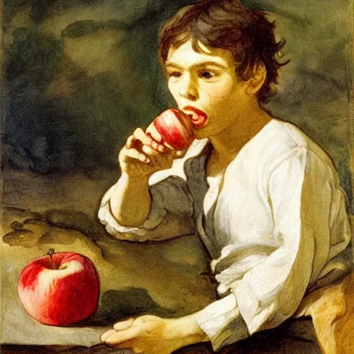 Prompt: tom sawyer eating an apple, illustration by eugene delacroix
