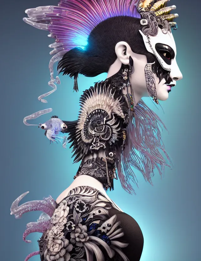 Image similar to 3 d goddess close - up profile simple portrait punk with mohawk with ram skull. beautiful intricately detailed japanese crow kitsune mask and clasical japanese kimono. betta fish, jellyfish phoenix, bio luminescent, plasma, ice, water, wind, creature, artwork by tooth wu and wlop and beeple and greg rutkowski