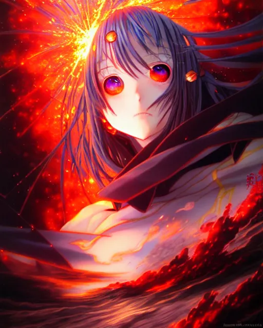 Image similar to megumin casts explosion, an ultrafine detailed painting by ayami kojima, cgsociety, fantasy, anime digital art, lovecraftian, cosmic horror, detailed painting