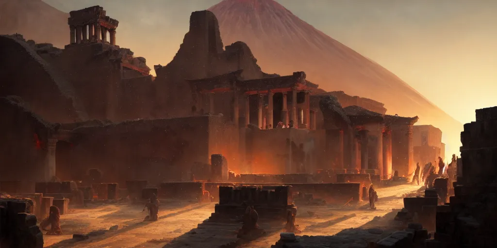 Image similar to the last day of pompeii, extremely detailed digital painting, in the style of fenghua zhong and ruan jia and jeremy lipking and peter mohrbacher, mystical colors, rim light, beautiful lighting, 8 k, stunning scene, raytracing, octane, trending on artstation