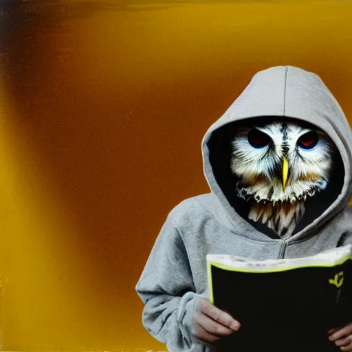 Image similar to close - up anthropomorphic owl in a hoodie, holding a magazine, 9 0 - s fashion, polaroid photo, by warhol,