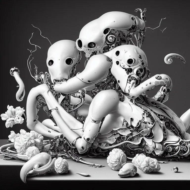 Image similar to still life of two cyborg lovers laying on a table, white flowers on a table, white alien squid, white octopus, , surreal alien ribbed white fruit, white human spine, baroque painting, beautiful detailed intricate insanely detailed octane render trending on Artstation, 8K artistic photography, photorealistic, chiaroscuro, Raphael, Caravaggio beautiful BW monochrome