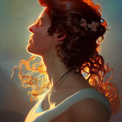 Prompt: Her soul was made of poems, her hair music, Her skin was made of words that my hands couldn't wait to read, highly detailed, digital painting, artstation, concept art, sharp focus, illustration, art by alex ross and greg rutkowski and alphonse mucha