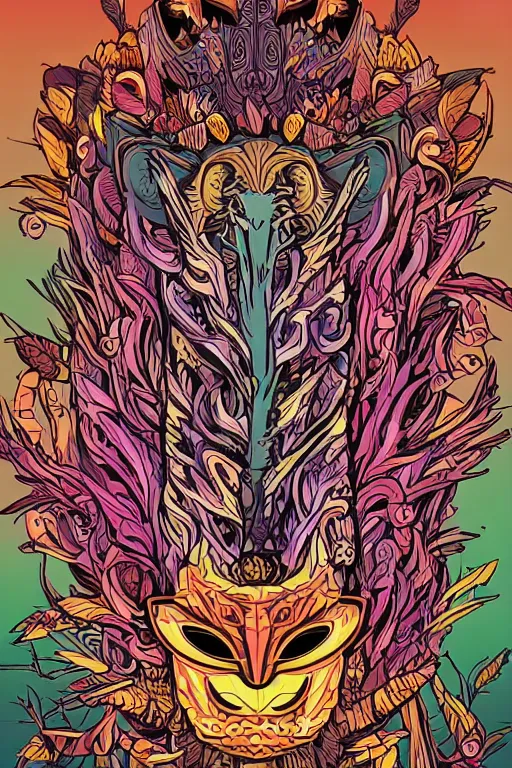 Image similar to animal mask totem roots flower tribal feather gemstone plant wood rock shaman vodoo video game vector cutout illustration vivid multicolor borderlands comics by josan gonzales and dan mumford radiating a glowing aura