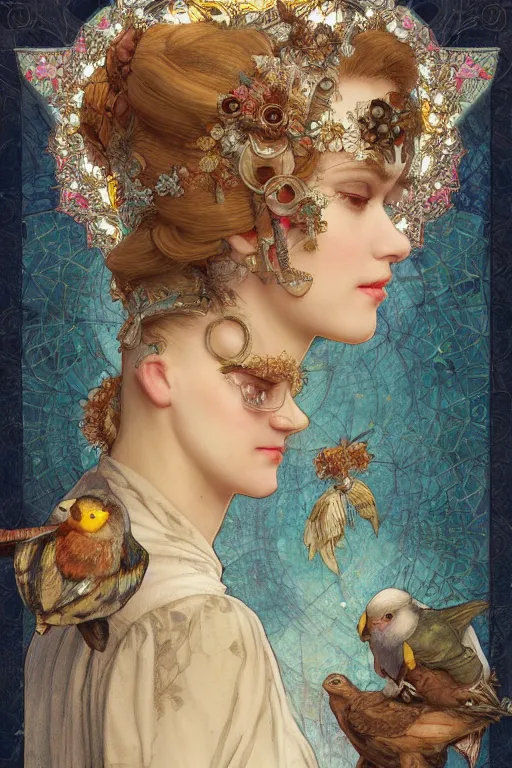 Image similar to zoom in 3 d render of english princess holding birds, ornaments, mucha vibe, dieselpunk, solarpunk, artstation, andrei riabovitchev