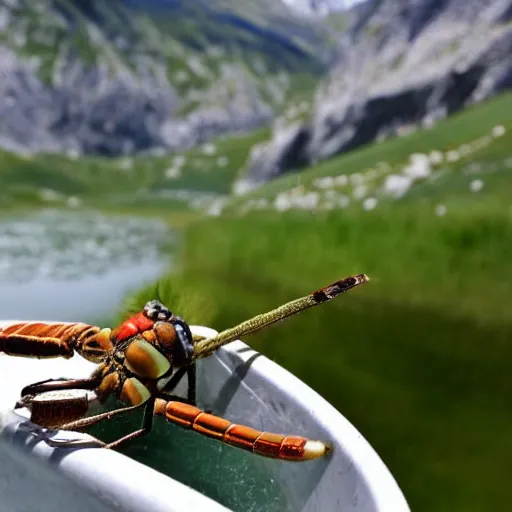 Image similar to dragonfly in a bathtub in the alps, sheep!!! in background