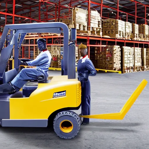 Image similar to ken doll in construction gear, driving a fork - lift, in front of a large warehouse, barbie - doll is at the car