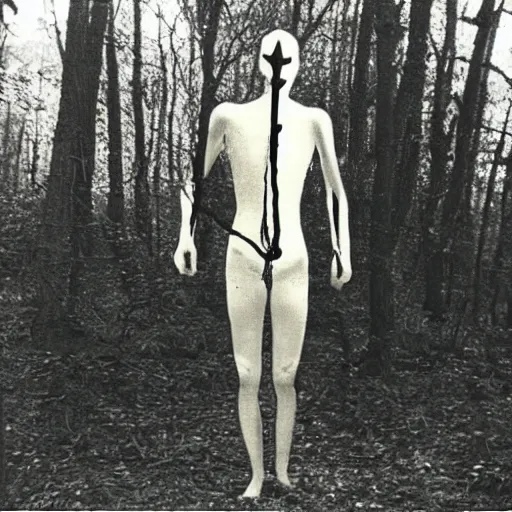 Image similar to “old photo of slender man in the woods, 1956”