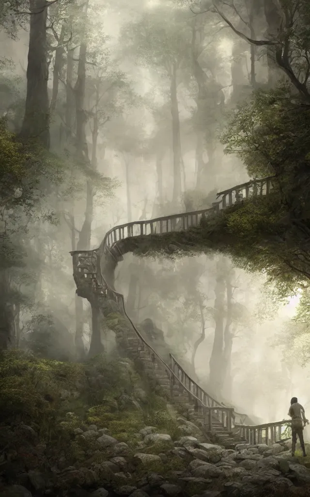 Prompt: the journey of life, each stage is a step in a stairway, detailed, 4 k, octane, a person walking up a set of stairs in the woods, a detailed matte painting by huang ding, cgsociety, fantasy art, mystical, mist