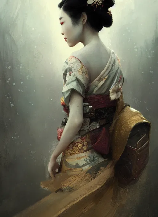 Prompt: female geisha girl, beautiful face, rule of thirds, intricate outfit, spotlight, by justin gerard, by greg rutkowski, by jeremy mann, digital painting