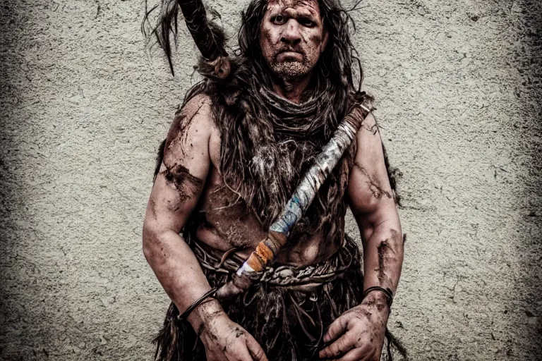 Prompt: character and environment photography, portrait shamanistic infested 4 0 - year - old male barbarian, messy hair, old tattered armor, medium shot, wide angle, 2 0 0 px, full front, natural light