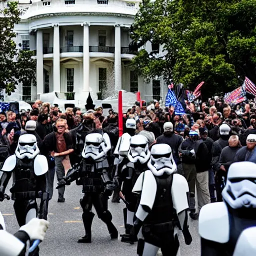 Image similar to a still of hundreds of stormtropers rioting in front of a the white house in washington.!!!, flaming torches and pitchforks