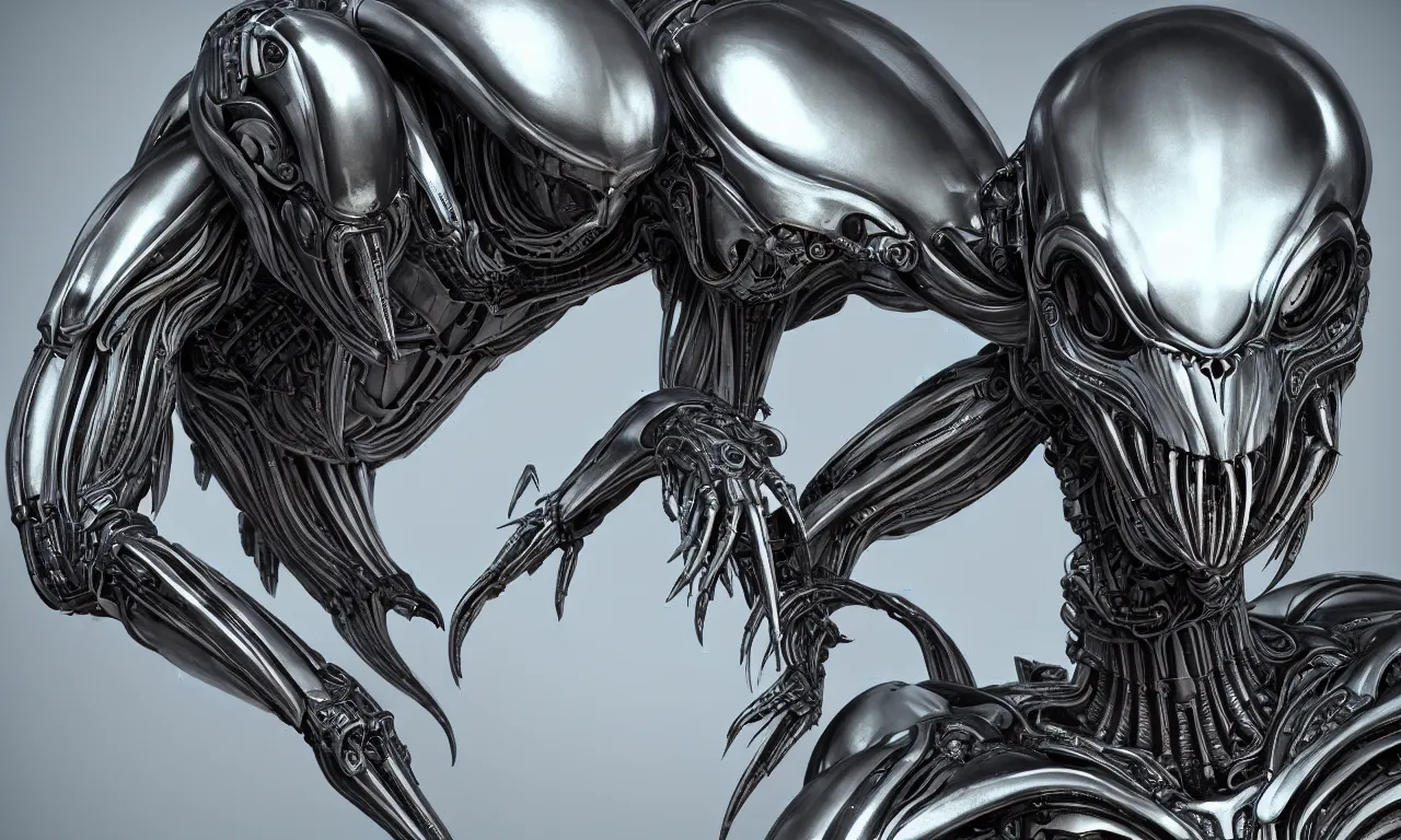 Image similar to perfectly centered portrait, front view of a beautiful biomechanical android alien robot xenomorph, symmetrical, concept art, intricate detail, volumetric shadows and lighting, unreal engine, octane render, v - ray render, realistic