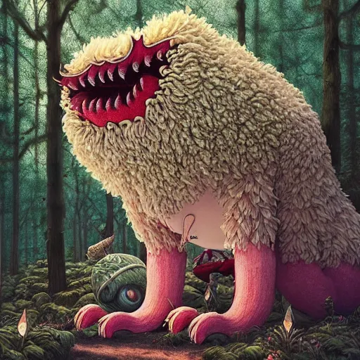 Image similar to a fluffy monster in the forest:: by Martine Johanna and Simon Stålenhag and Chie Yoshii and Casey Weldon and Guillermo del toro :: ornate, dynamic, particulate, intricate, elegant, highly detailed, centered, artstation, smooth, sharp focus, octane render, 3d