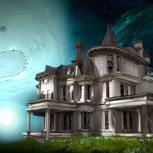 Prompt: abandoned mansion in the galaxy surrounded by black hole, ultra realistic