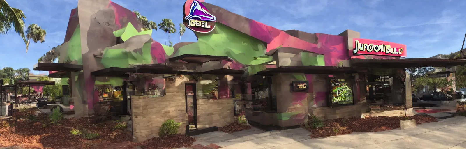 Prompt: derelict jurassic park themed taco bell