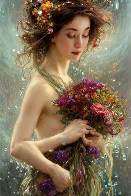 Image similar to portrait of a beautiful mysterious woman holding a bouquet of flowing flowers, wet dripping long hair, hands hidden under the bouquet, emerging from the water, fantasy, regal, intricate, by stanley artgerm lau, greg rutkowski, thomas kindkade, alphonse mucha, loish, norman rockwell