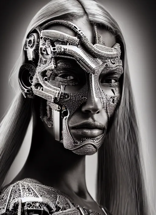 Image similar to a stunning young female cyborg profile face, face is made intricate tribal bio - mechanical, editorial photography, bw, shot on 7 0 mm, depth of field, f / 2. 8, high contrast, 1 6 k, rays of shimmering light, volumetric lighting, shiny, insanely detailed and intricate, hypermaximalist, elegant, ornate, hyper realistic, super detailed