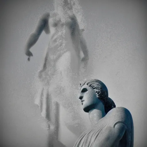 Image similar to Giant statue of a greek goddess scuplted by MichelAngelo, the face emerging from the lake, mist, lomography photo effect, monochrome, noise grain film, cl