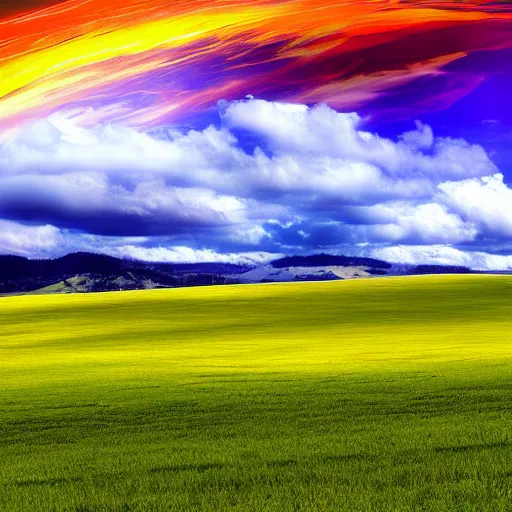 Prompt: windows xp bliss background hills on fire