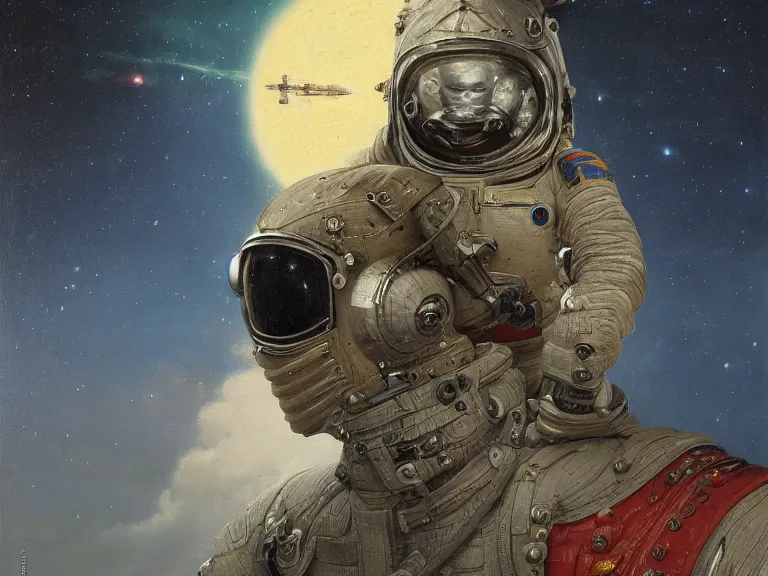 Prompt: a detailed profile oil painting of a soldier in a spacesuit with reflective helmet, advanced technology flight suit, portrait symmetrical and science fiction theme with aurora lighting clouds and stars by beksinski carl spitzweg and tuomas korpi. baroque elements, full-length view. baroque element. intricate artwork by caravaggio. Trending on artstation. 8k