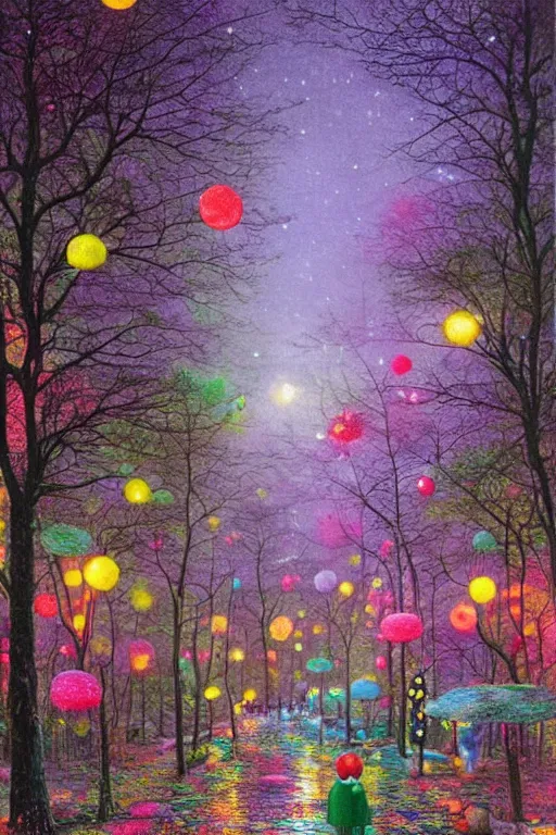 Prompt: a matte digital painting of a candy forest at night, bokeh, bright colours, watercolor, volumetric wool felting, macro photography, children illustration, by john atkinson grimshaw and lisa frank